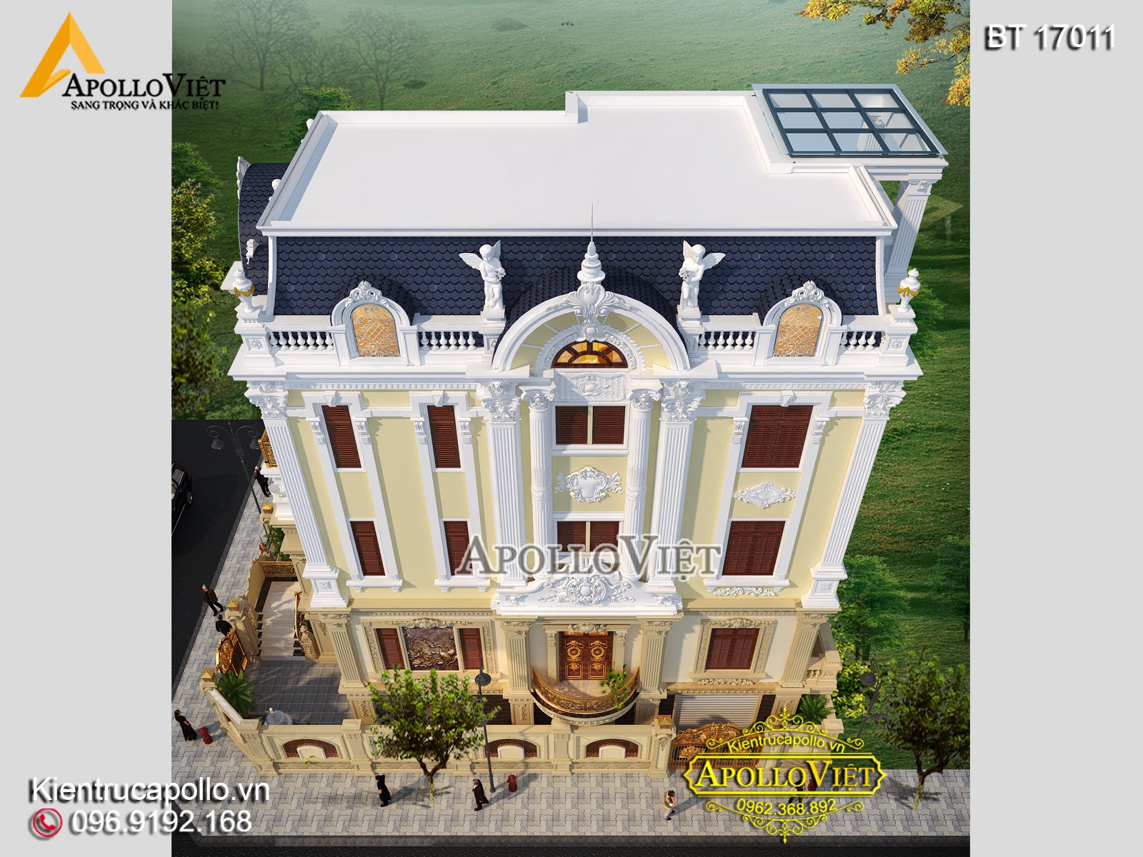 Phối cảnh mặt bên thiết kế biệt thự cổ điển nhìn từ trên cao